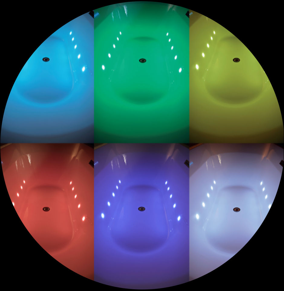 Bathtub shown with different colours of the chromatherapy bathtub function